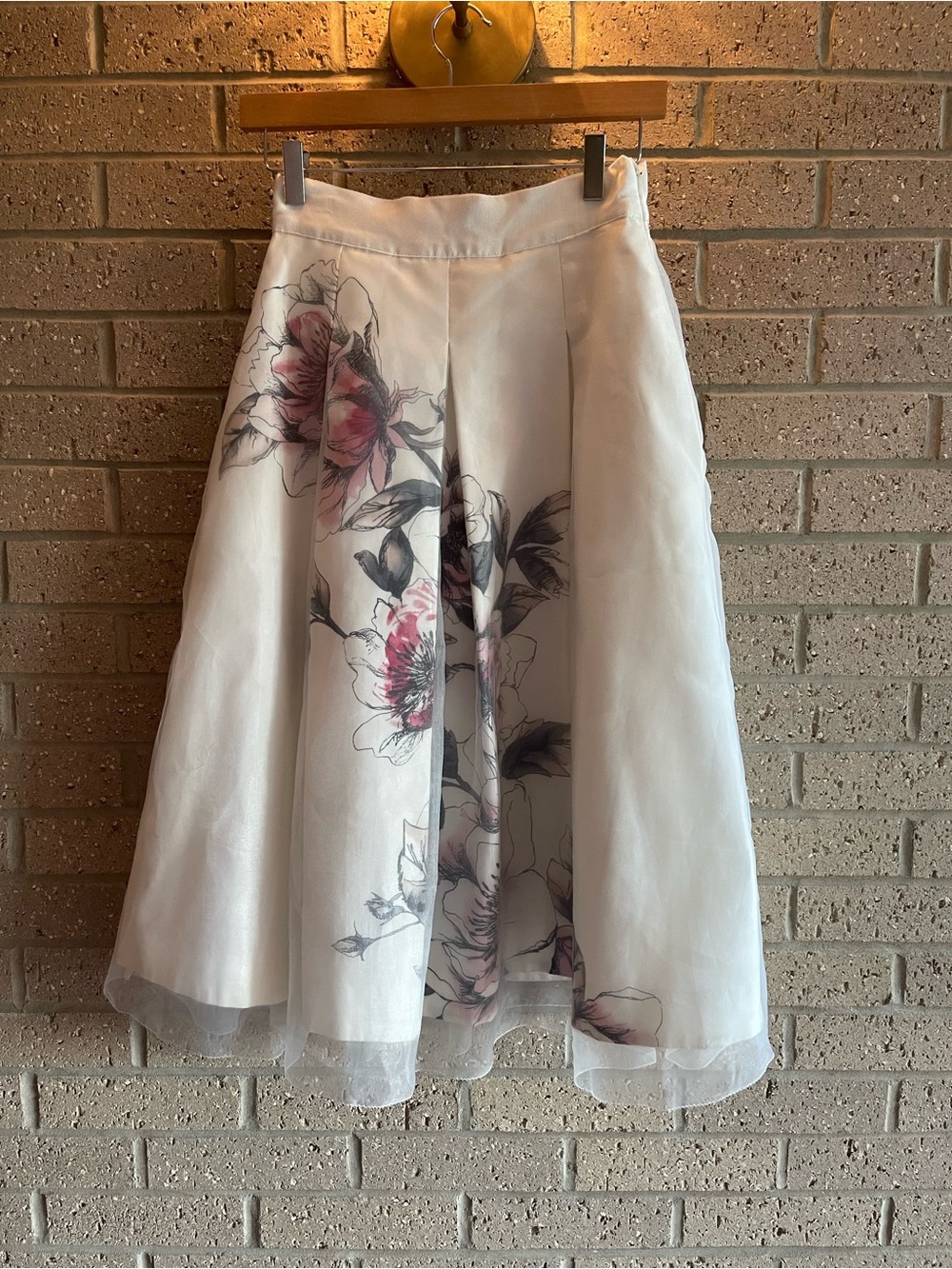 White House Black Market White A-Line Midi Skirt with Pink Floral Print